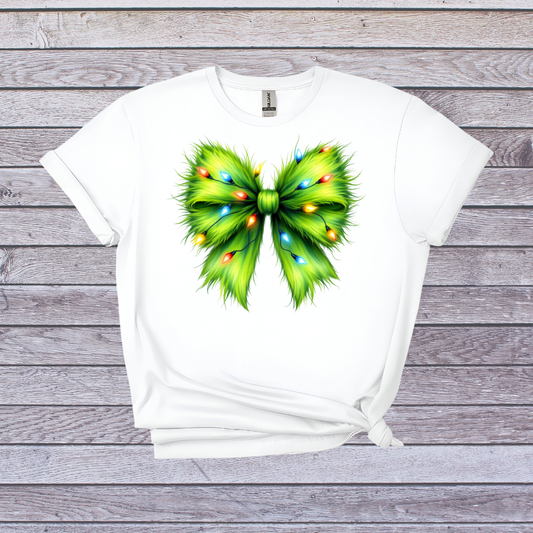 Green Furry Coquette Bow T-Shirt, Unique Christmas Fashion Tee, Holiday Gift idea