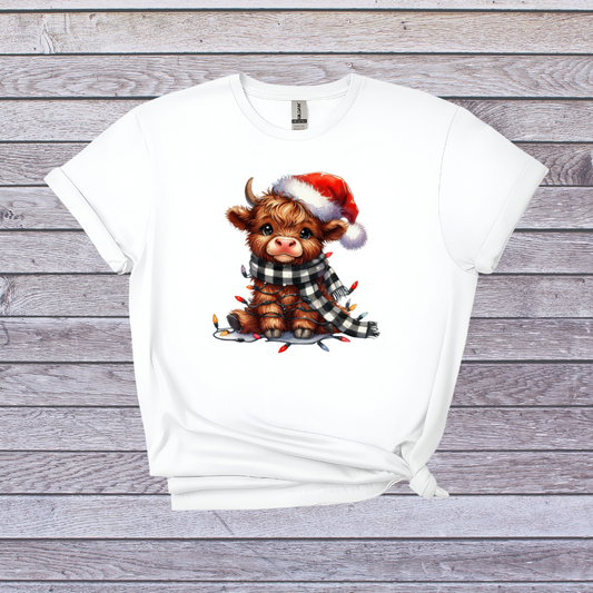 Christmas Baby Highland Cow T-shirt, Cute Festive Cow Shirt, Holiday Farmhouse Style