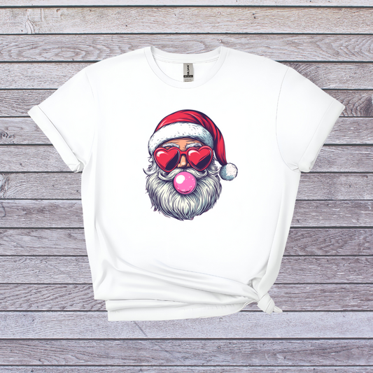 Retro Santa T-Shirt, Cool Santa with Heart Sunglasses & Bubblegum